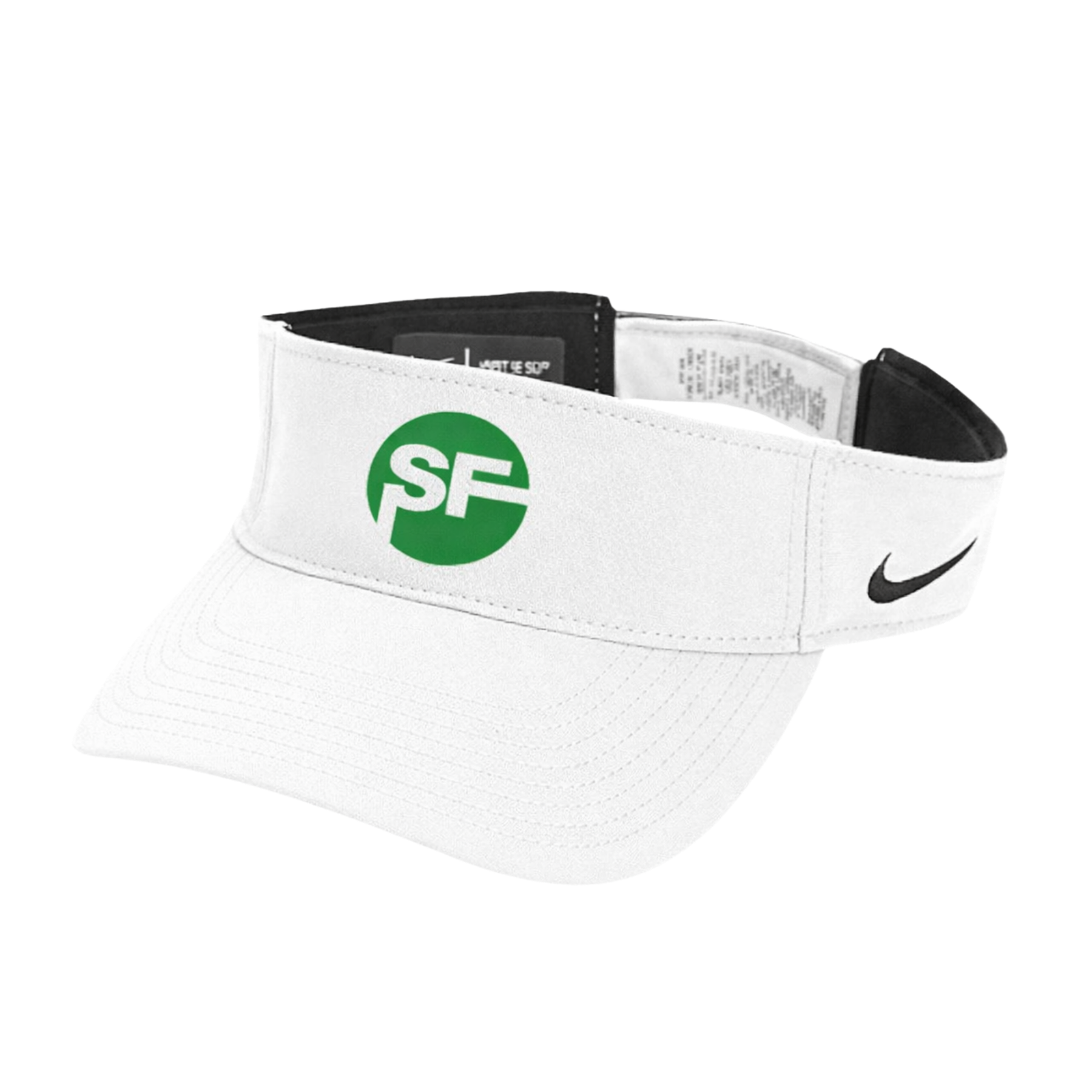 White visor with green logo and Nike branding on a white background