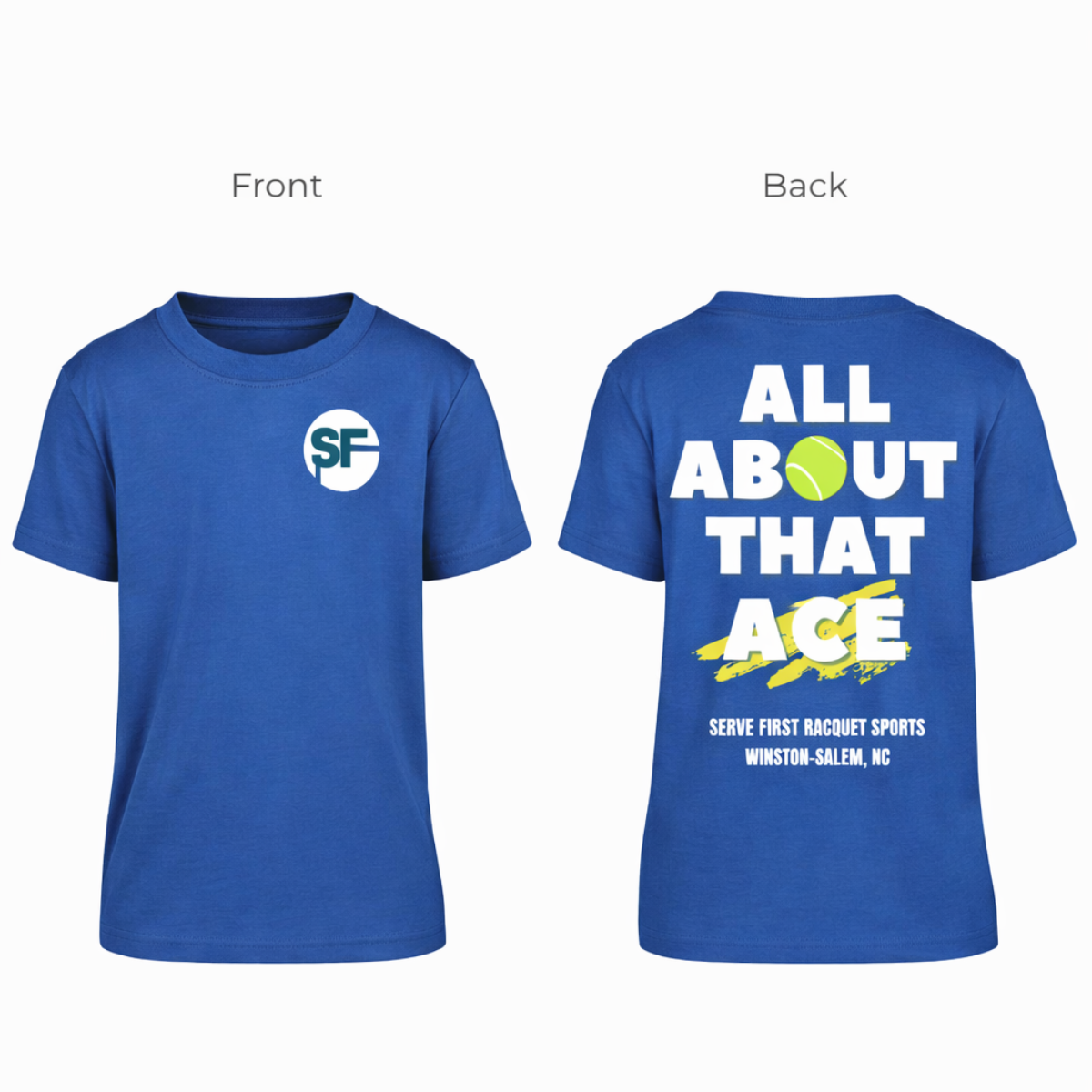 Blue t-shirt with logo on front and text on back, displayed side by side.