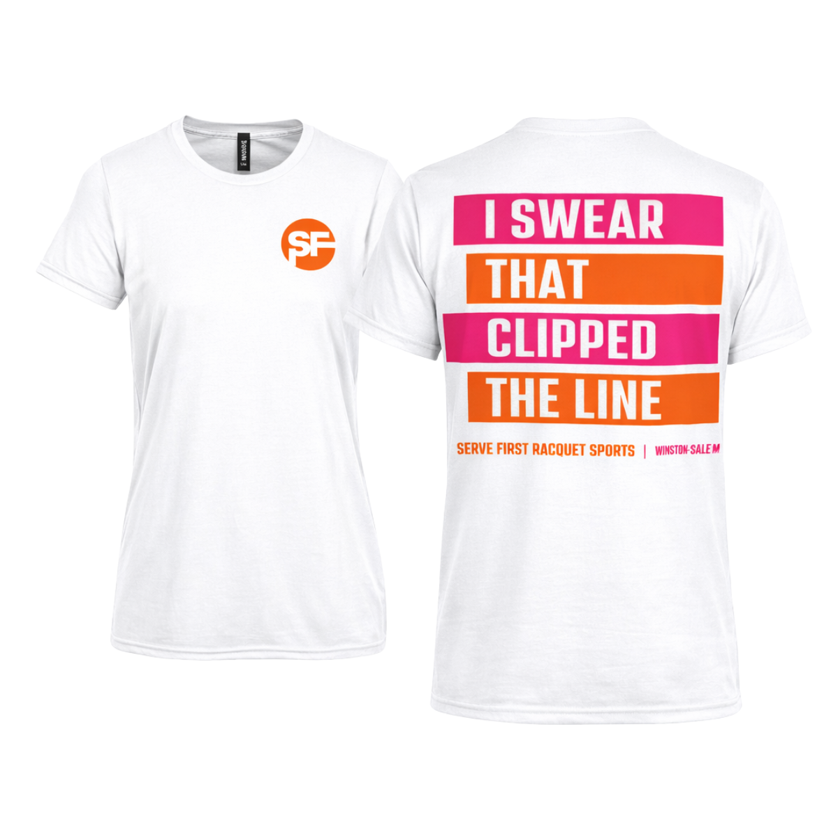 White t-shirt with colorful text and logo on a white background