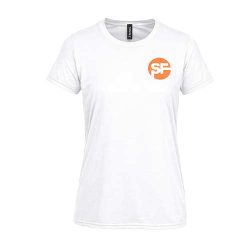 White t-shirt with an orange and gray logo on a white background