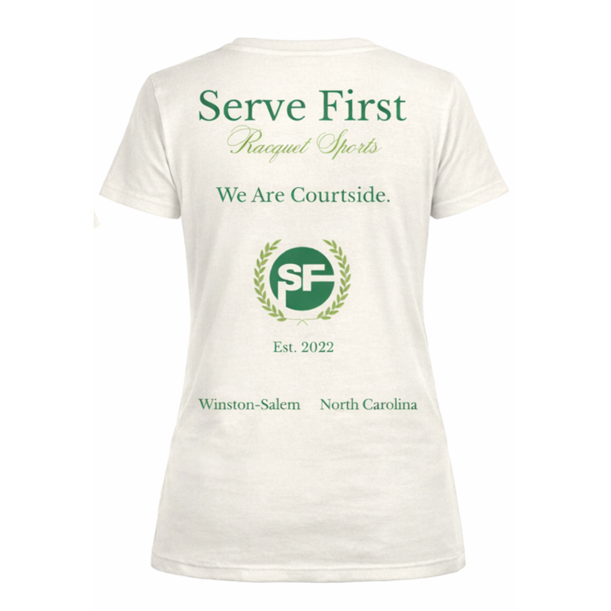 White t-shirt with green text and logo on a white background