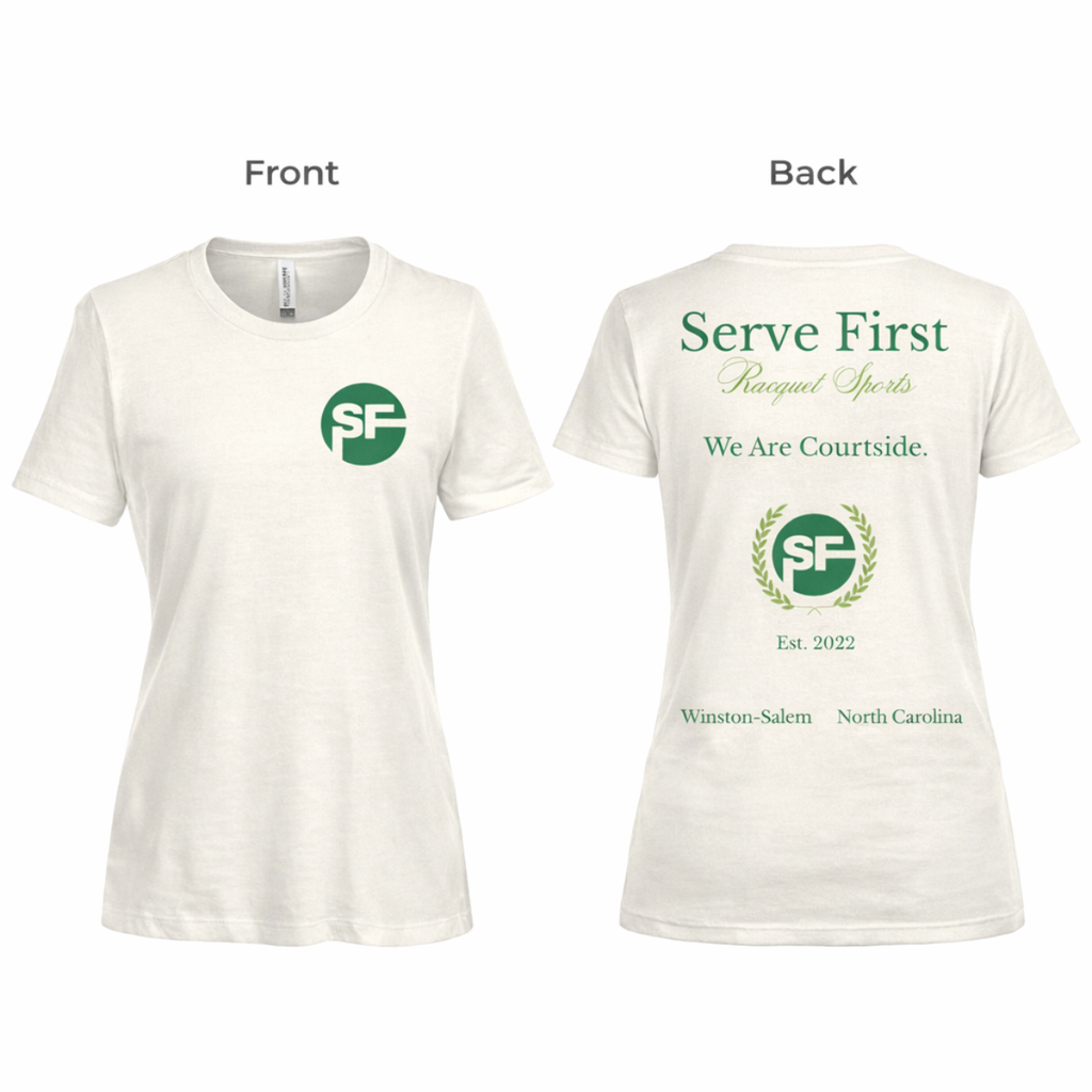 White t-shirt with 'Serve First' logo and text on a white background