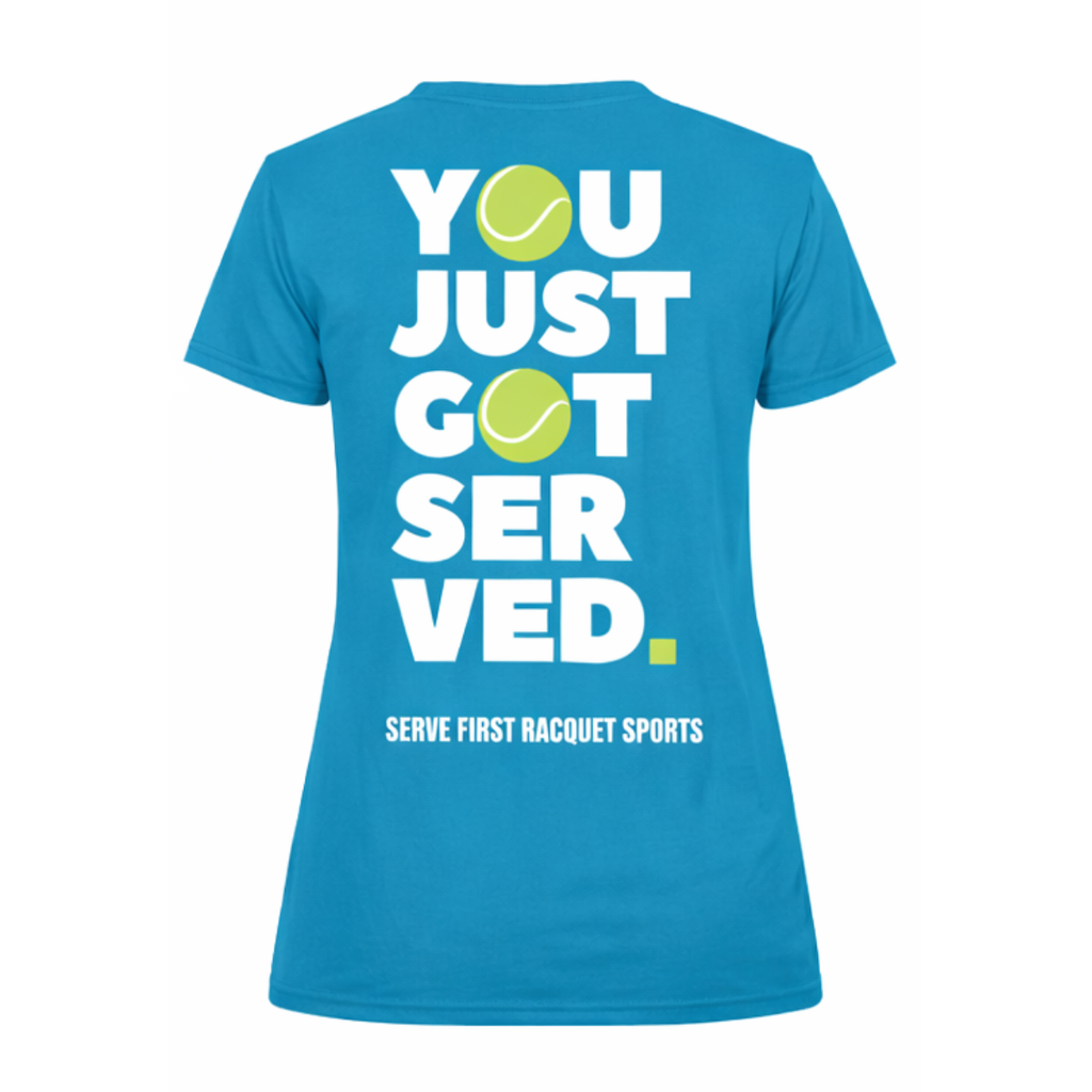 Blue t-shirt with 'You Just Got Served' text and tennis ball graphics on a white background
