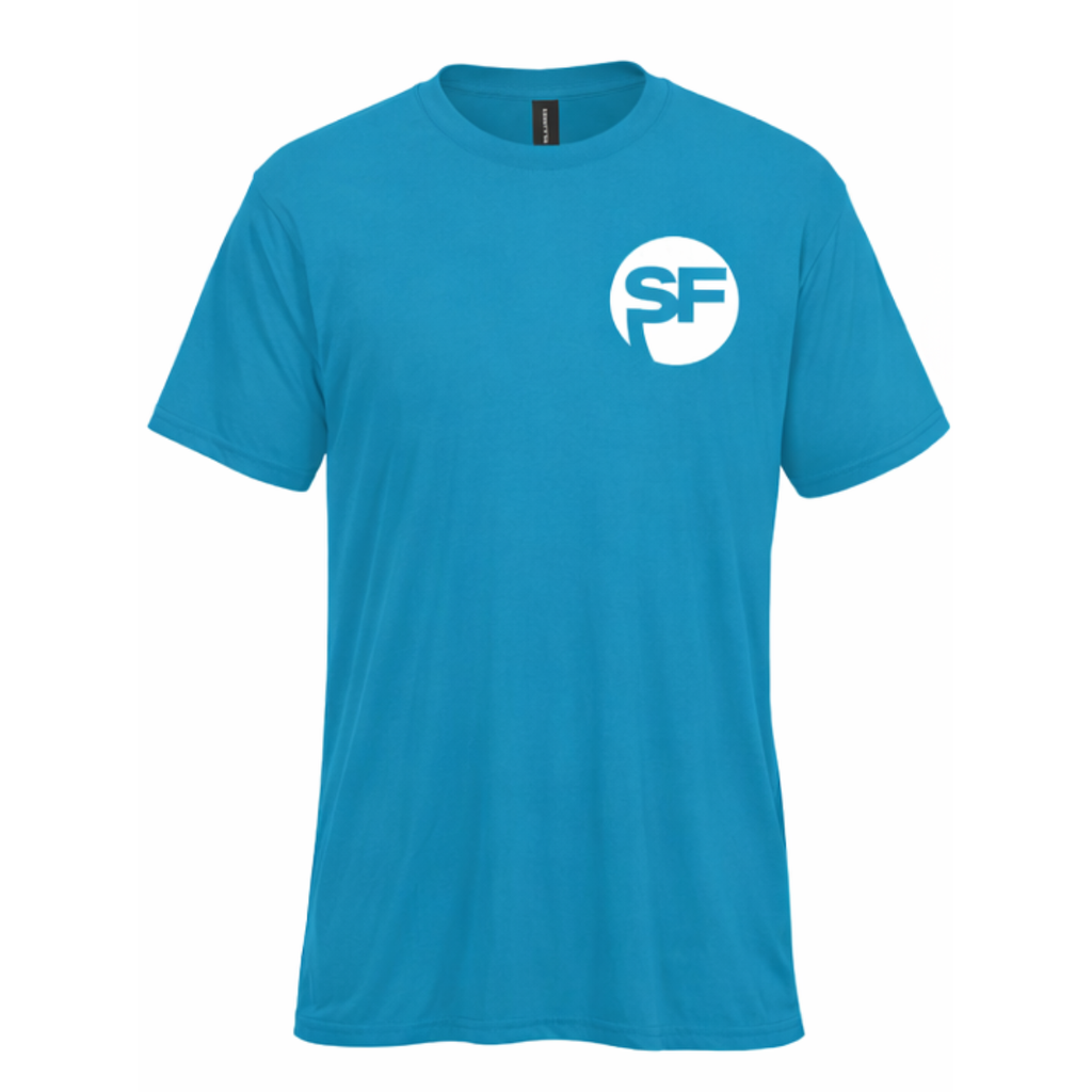 Blue t-shirt with a white logo on a white background
