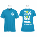 Blue t-shirt with 'SF' logo on front and humorous text on back, on a white background