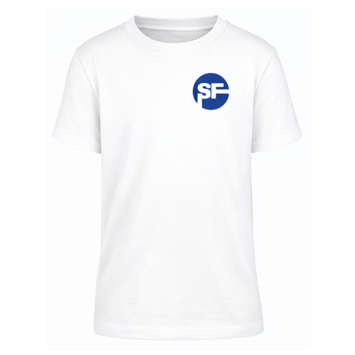 White t-shirt with a blue and white logo on a white background