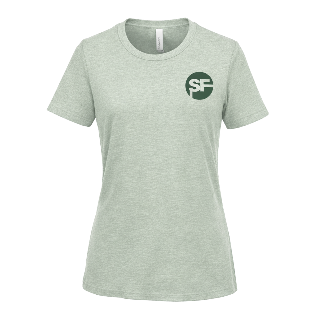 Light green t-shirt with a green logo on a white background