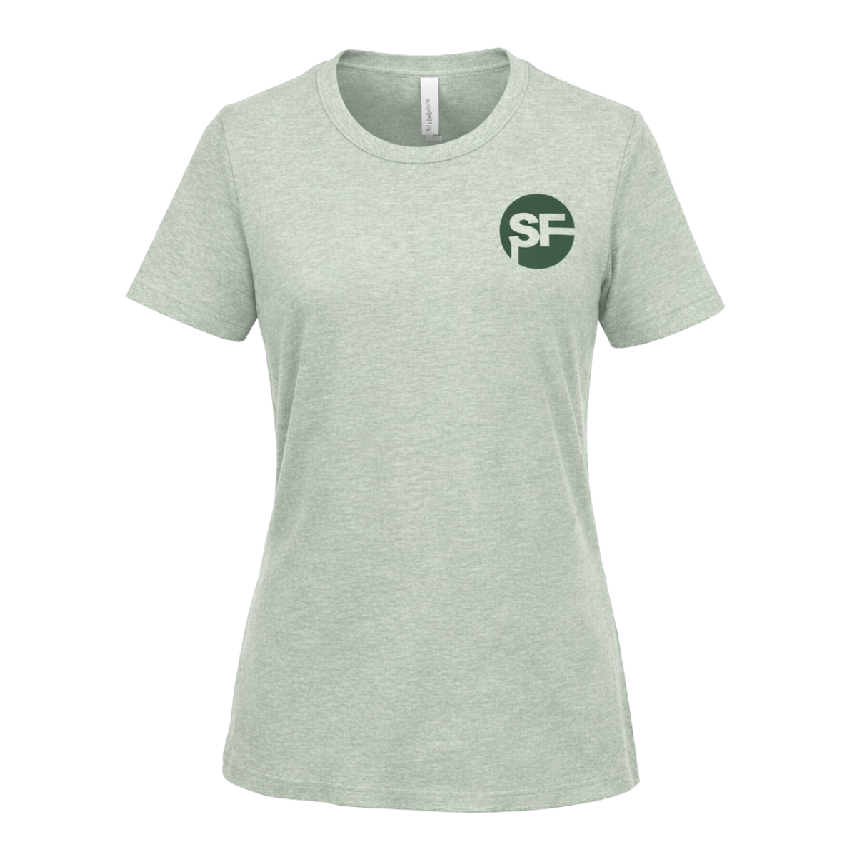 Light green t-shirt with a green logo on a white background