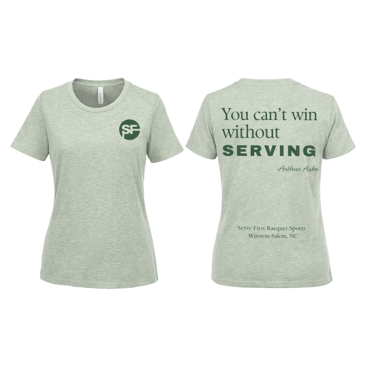 Green t-shirt with logo and text on a white background