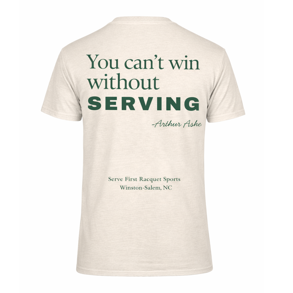 Beige t-shirt with green text on a white background