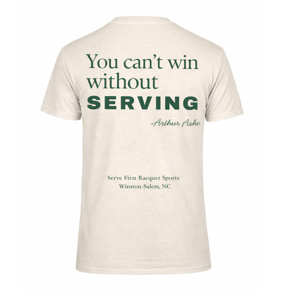 Beige t-shirt with green text on a white background