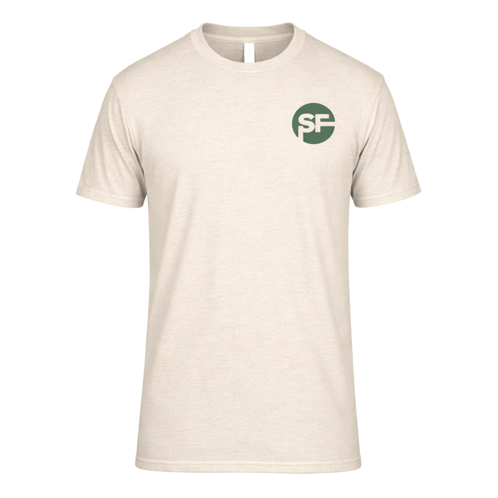 Beige t-shirt with a green logo on a white background