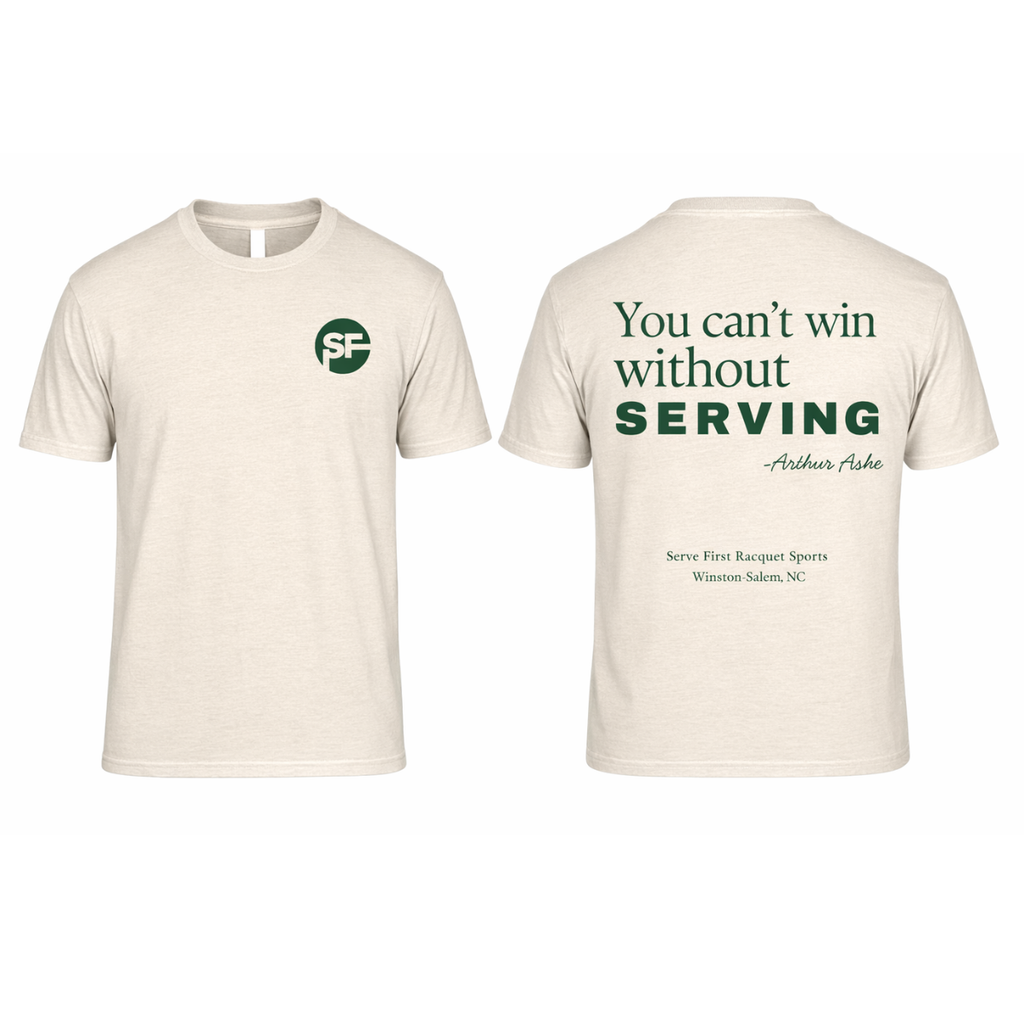 Beige t-shirt with green logo and text on a white background